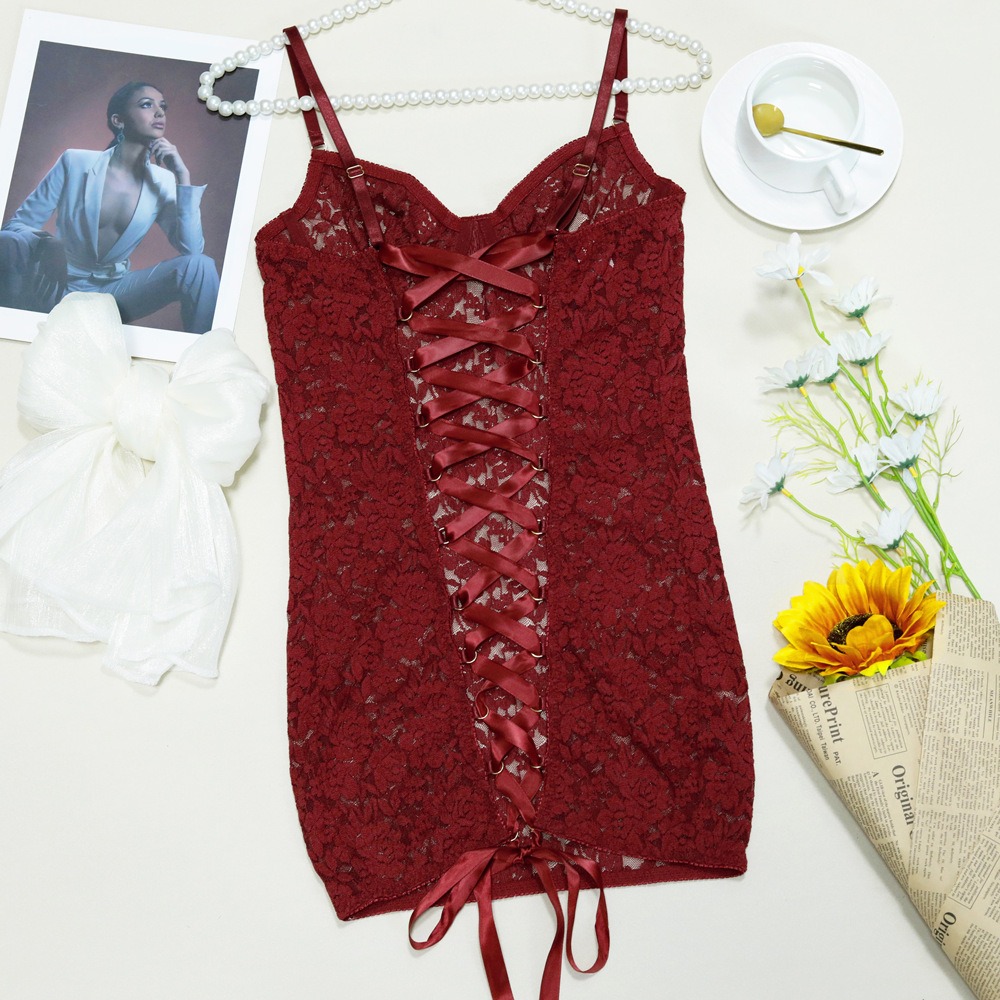 Floral Lace Back Lace-Up Adjustable Strap Mini Sleep Dress - Image 6