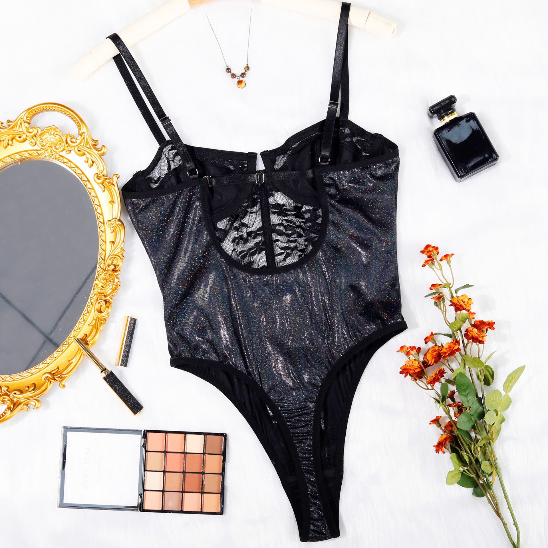 Shimmer Glitter Mesh Cutout Lace Bodysuit Intimates - Image 8