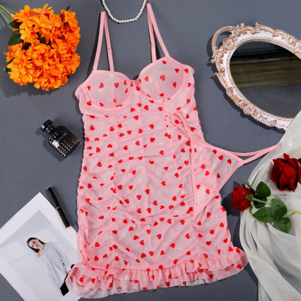 Heart Print Mesh Ruched Slip Intimates