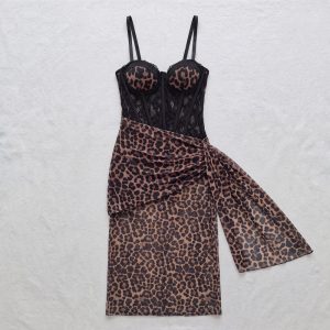 Leopard Print Lace Boning Slim Fit Sheer Mesh Midi Sleep Dress - Image 7