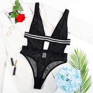 Striped Waistband Mesh Cutout Bodysuit Intimates - Image 7