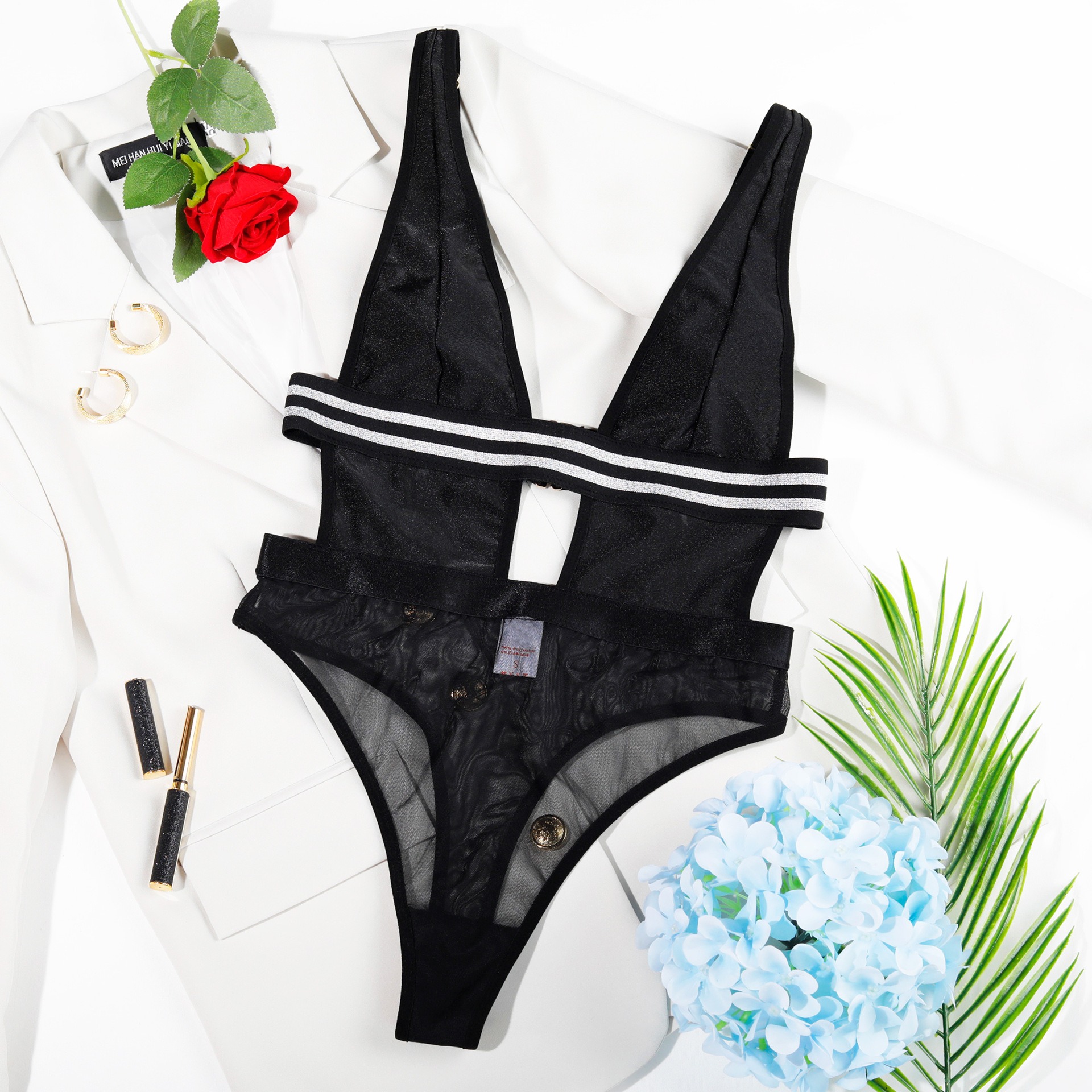 Striped Waistband Mesh Cutout Bodysuit Intimates - Image 7