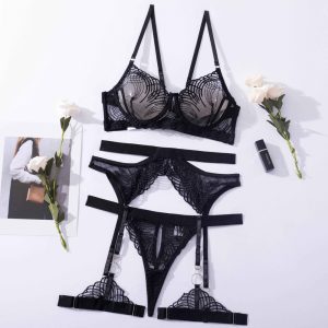 Feather Leaf Sheer Lace Suspender Intimates 4-Piece Set - Image 7