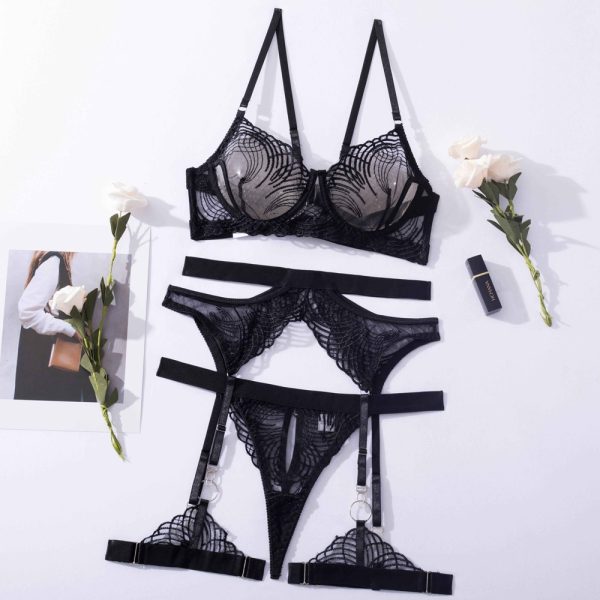 Feather Leaf Sheer Lace Suspender Intimates 4-Piece Set
