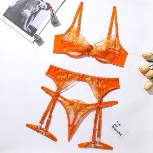 Orange Floral Embroidery Mesh Suspender Intimates Set - Image 7