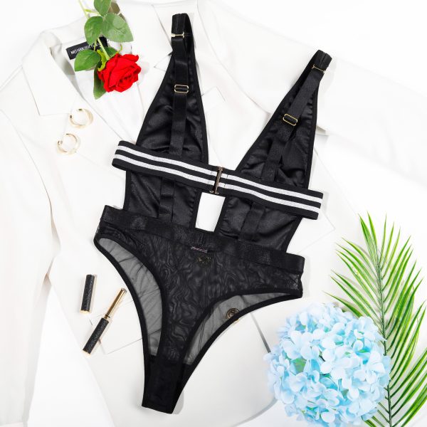 Striped Waistband Mesh Cutout Bodysuit Intimates