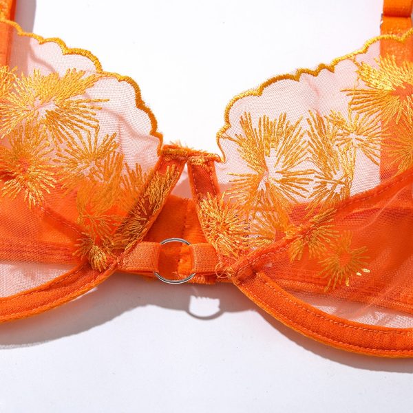 Orange Floral Embroidery Mesh Suspender Intimates Set