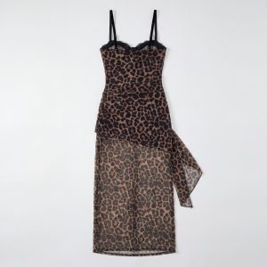 Leopard Print Lace Boning Slim Fit Sheer Mesh Midi Sleep Dress - Image 8