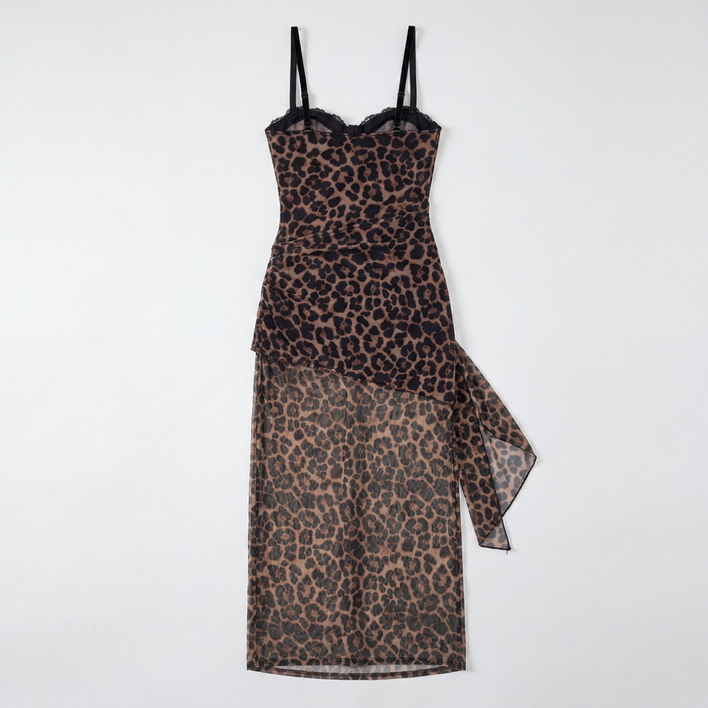 Leopard Print Lace Boning Slim Fit Sheer Mesh Midi Sleep Dress - Image 8