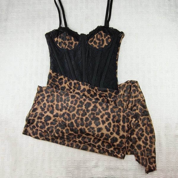 Leopard Print Lace Boning Slim Fit Sheer Mesh Midi Sleep Dress