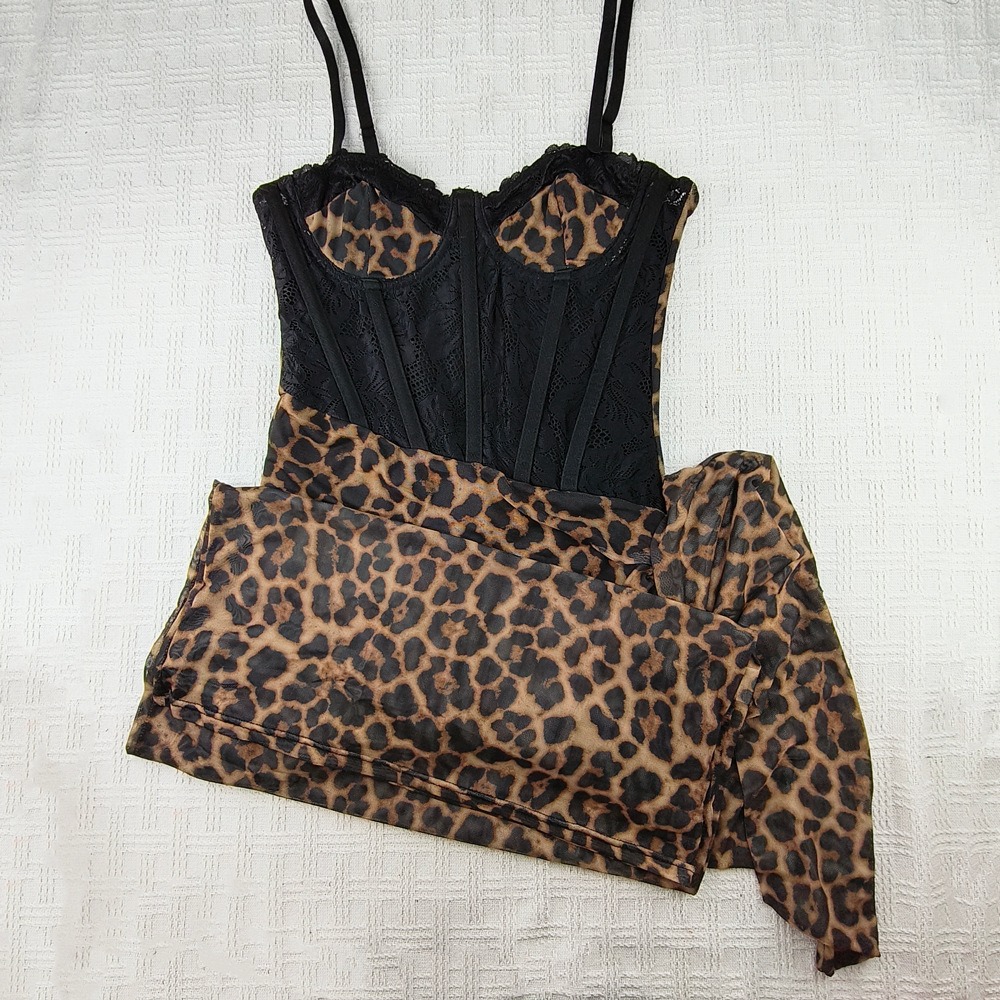 Leopard Print Lace Boning Slim Fit Sheer Mesh Midi Sleep Dress - Image 9