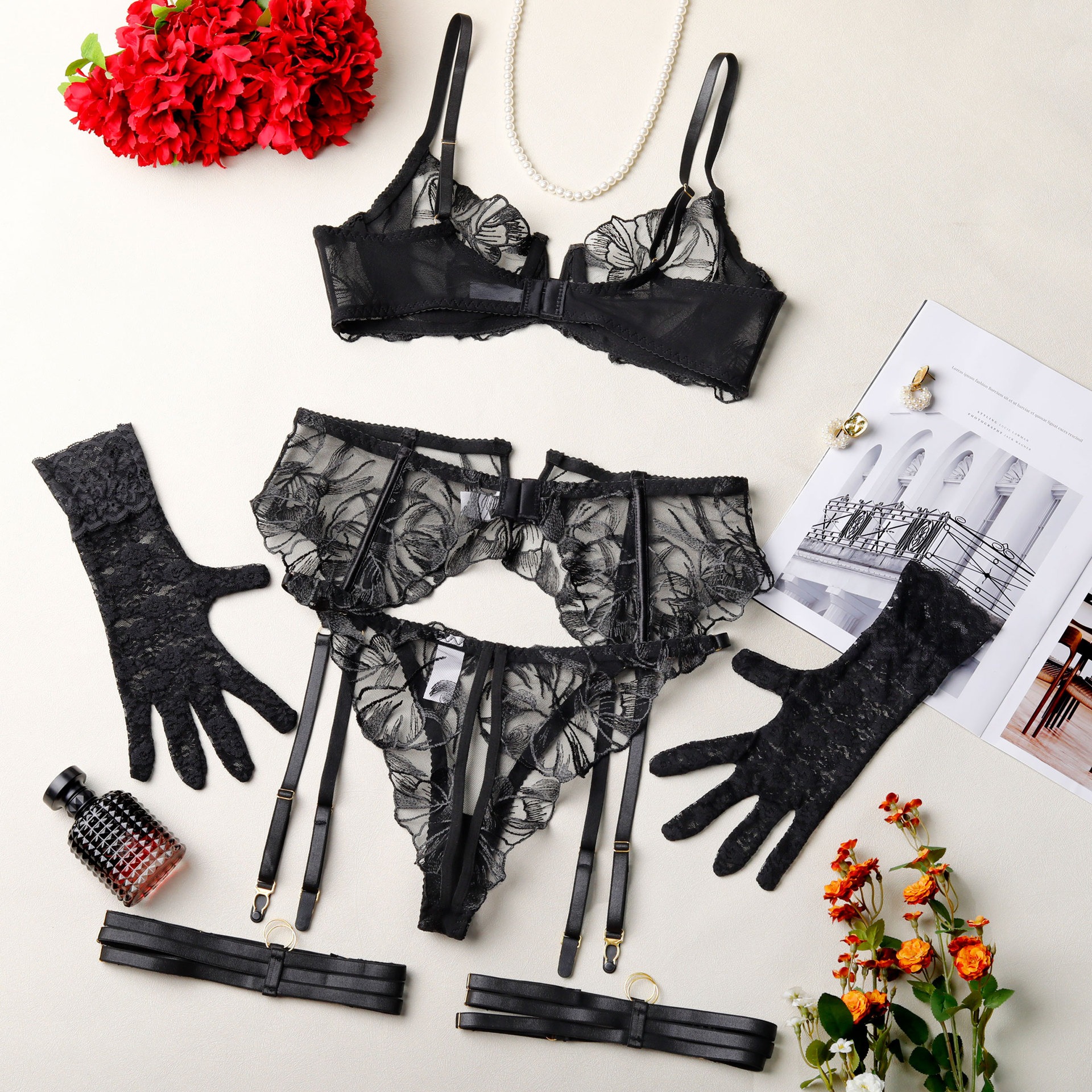 Floral Embroidery Lace Garter Intimates Set With Lace Gloves - Image 11