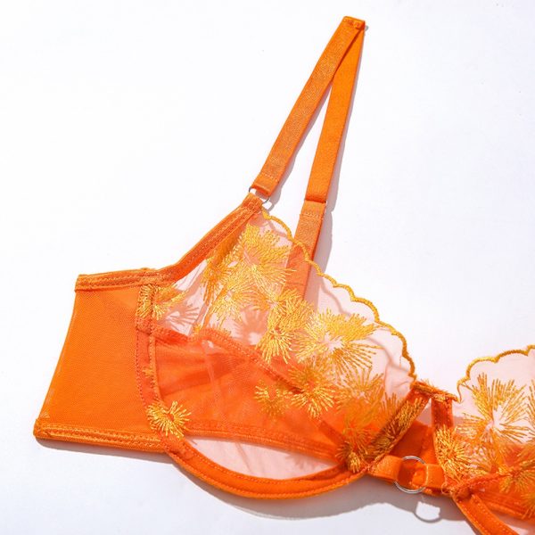 Orange Floral Embroidery Mesh Suspender Intimates Set
