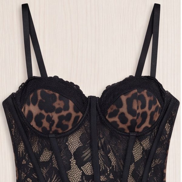 Leopard Print Lace Boning Slim Fit Sheer Mesh Midi Sleep Dress