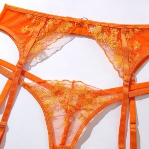 Orange Floral Embroidery Mesh Suspender Intimates Set - Image 12