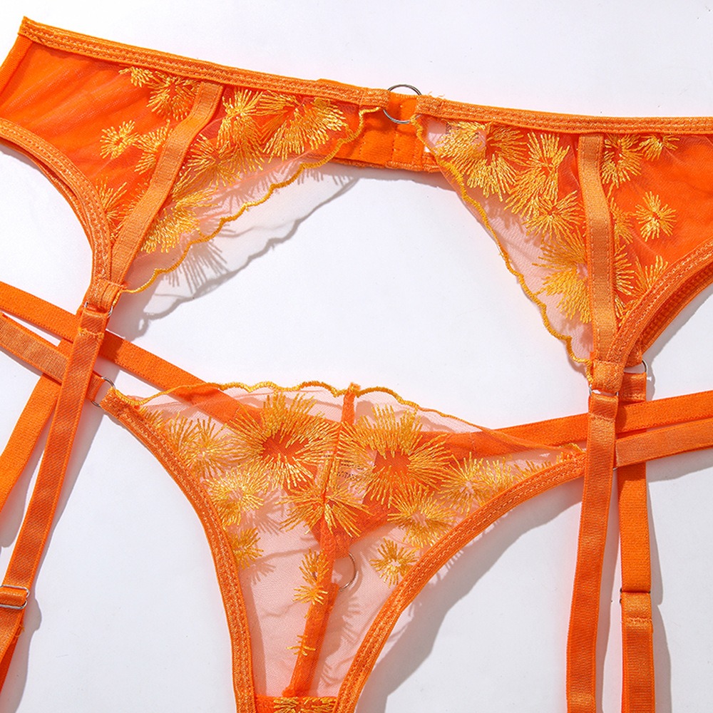 Orange Floral Embroidery Mesh Suspender Intimates Set - Image 12