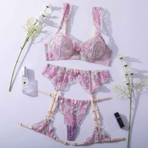 Pastel Purple Floral Embroidered Lace Suspender Intimates Set - Image 13