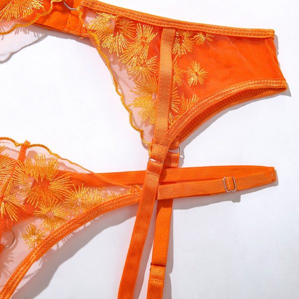 Orange Floral Embroidery Mesh Suspender Intimates Set