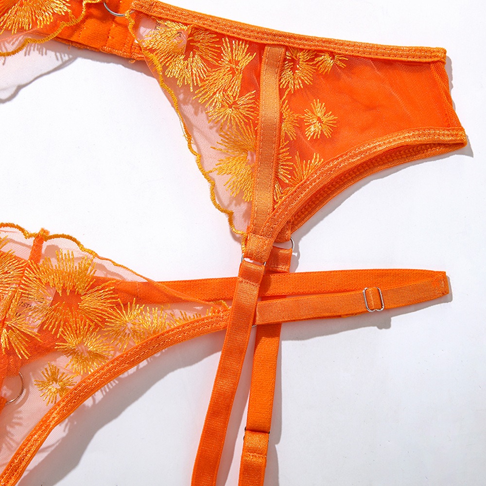 Orange Floral Embroidery Mesh Suspender Intimates Set - Image 13