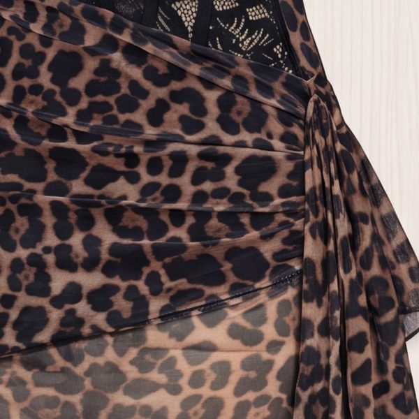Leopard Print Lace Boning Slim Fit Sheer Mesh Midi Sleep Dress