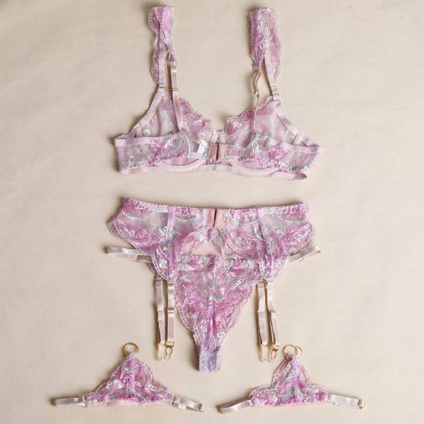 Pastel Purple Floral Embroidered Lace Suspender Intimates Set