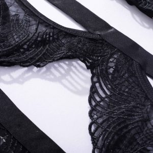Feather Leaf Sheer Lace Suspender Intimates 4-Piece Set - Image 13