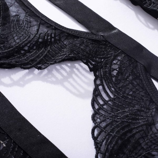 Feather Leaf Sheer Lace Suspender Intimates 4-Piece Set