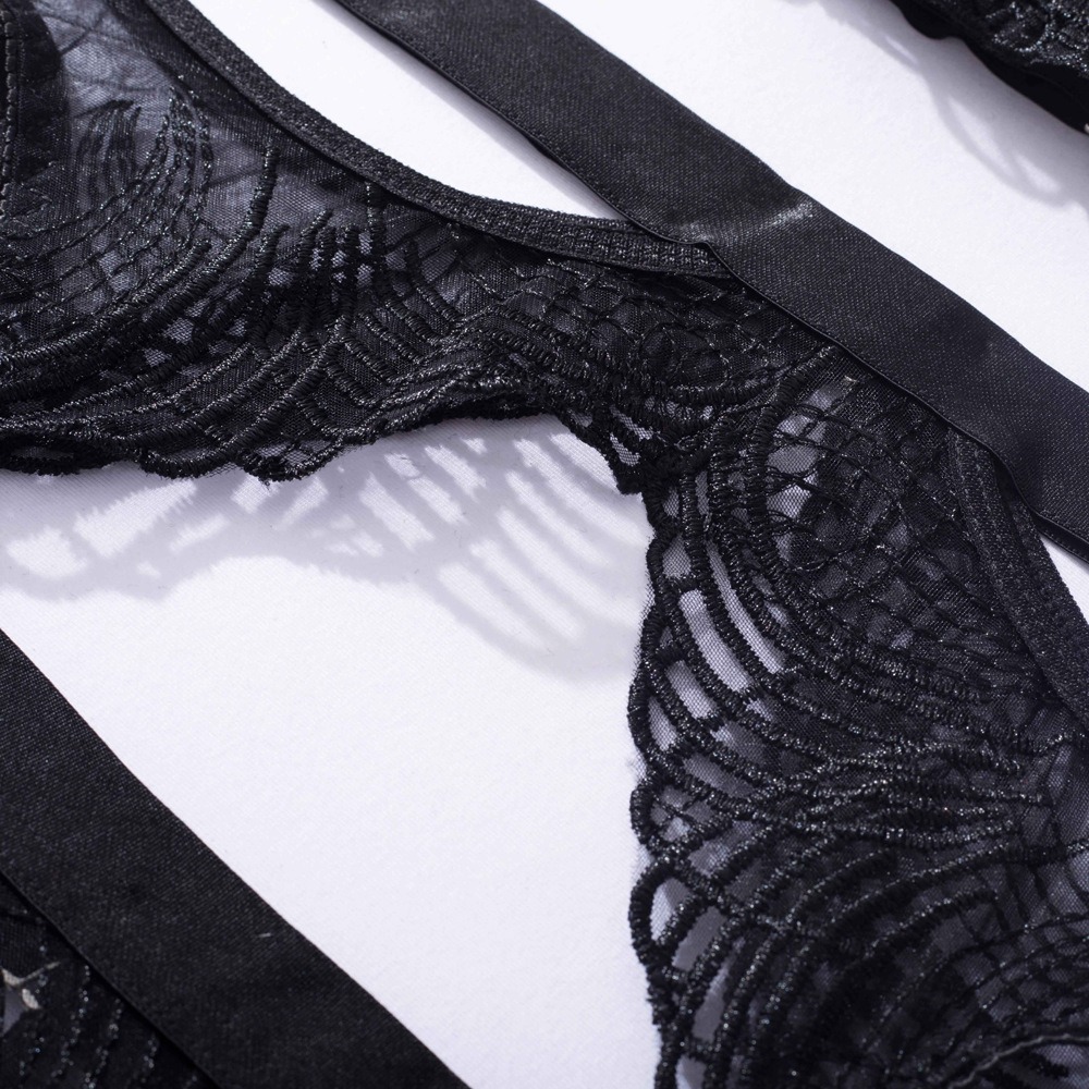 Feather Leaf Sheer Lace Suspender Intimates 4-Piece Set - Image 13