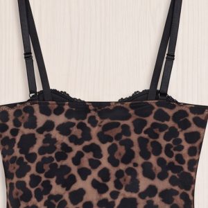 Leopard Print Lace Boning Slim Fit Sheer Mesh Midi Sleep Dress - Image 12