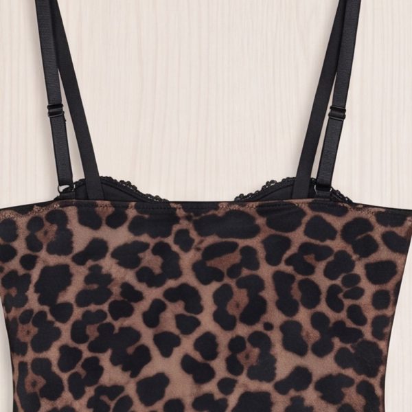 Leopard Print Lace Boning Slim Fit Sheer Mesh Midi Sleep Dress