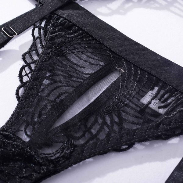 Feather Leaf Sheer Lace Suspender Intimates 4-Piece Set