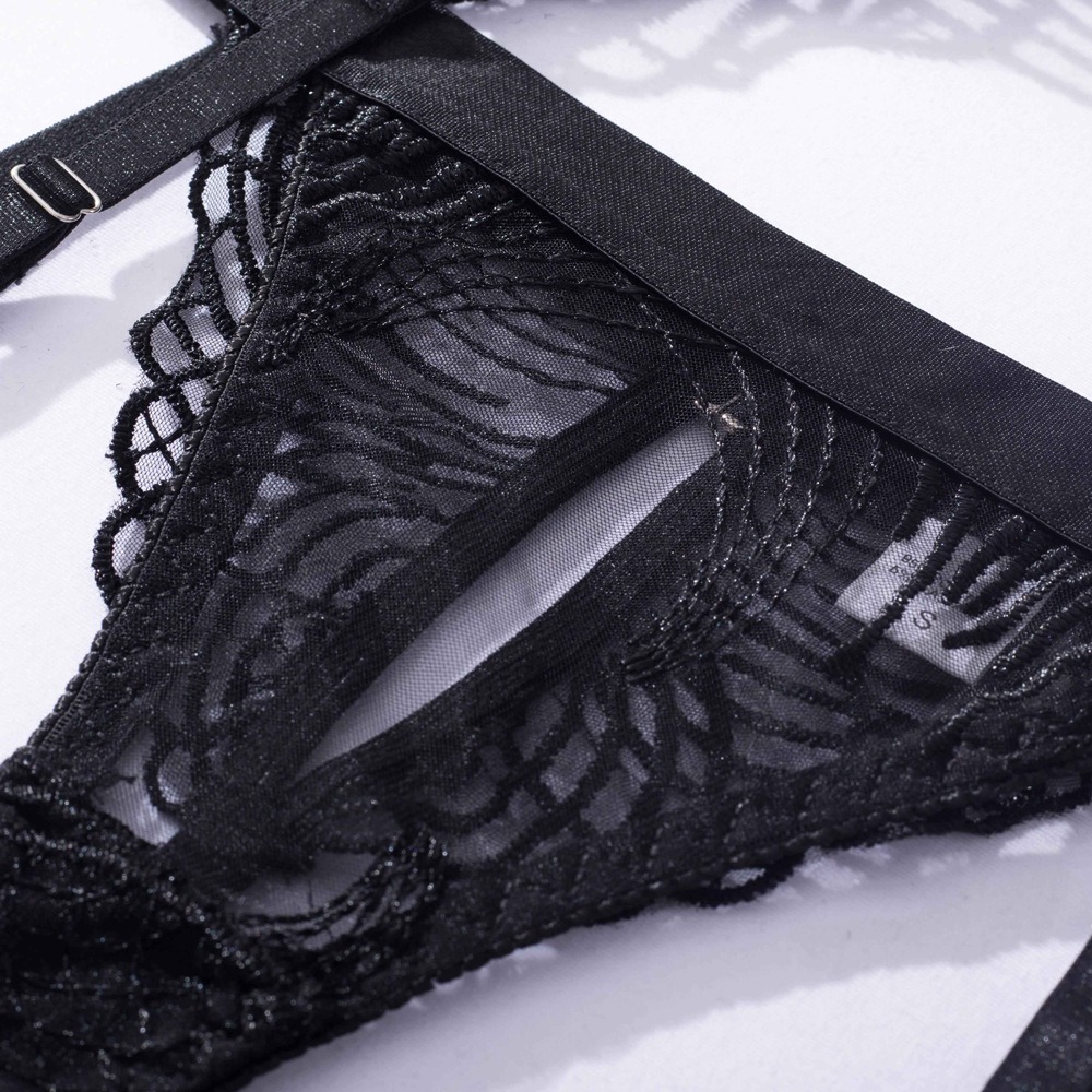 Feather Leaf Sheer Lace Suspender Intimates 4-Piece Set - Image 15