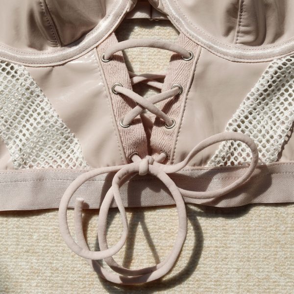 Faux Leather Mesh Lace-Up Corset Intimates Set