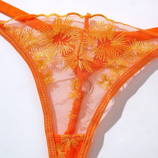 Orange Floral Embroidery Mesh Suspender Intimates Set