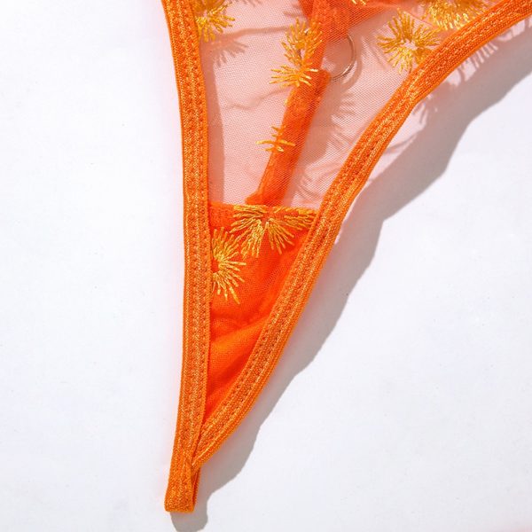Orange Floral Embroidery Mesh Suspender Intimates Set