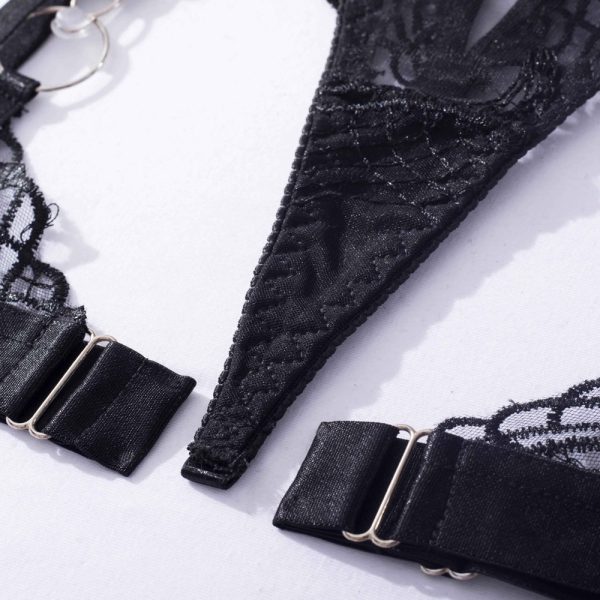 Feather Leaf Sheer Lace Suspender Intimates 4-Piece Set