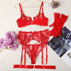 Floral Embroidery Lace Garter Intimates Set With Lace Gloves - Image 13