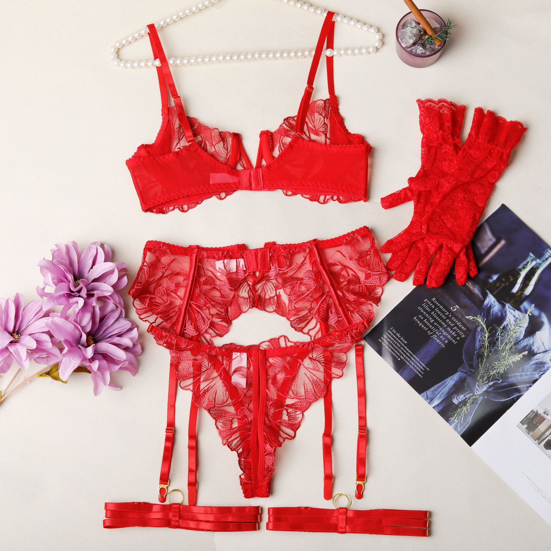 Floral Embroidery Lace Garter Intimates Set With Lace Gloves - Image 13