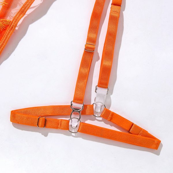 Orange Floral Embroidery Mesh Suspender Intimates Set