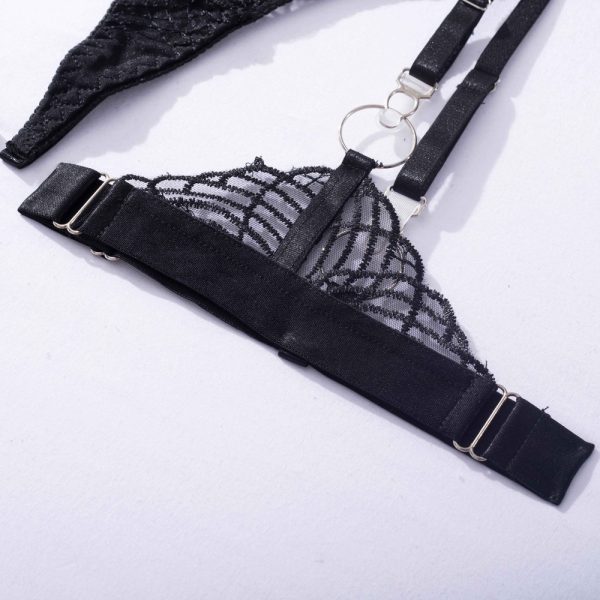 Feather Leaf Sheer Lace Suspender Intimates 4-Piece Set