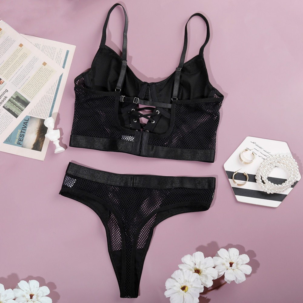 Faux Leather Mesh Lace-Up Corset Intimates Set - Image 22