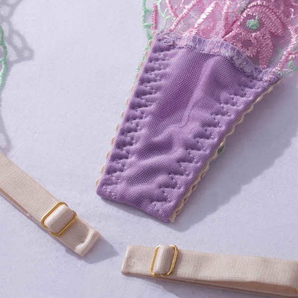 Pastel Purple Floral Embroidered Lace Suspender Intimates Set