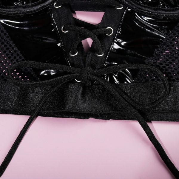 Faux Leather Mesh Lace-Up Corset Intimates Set