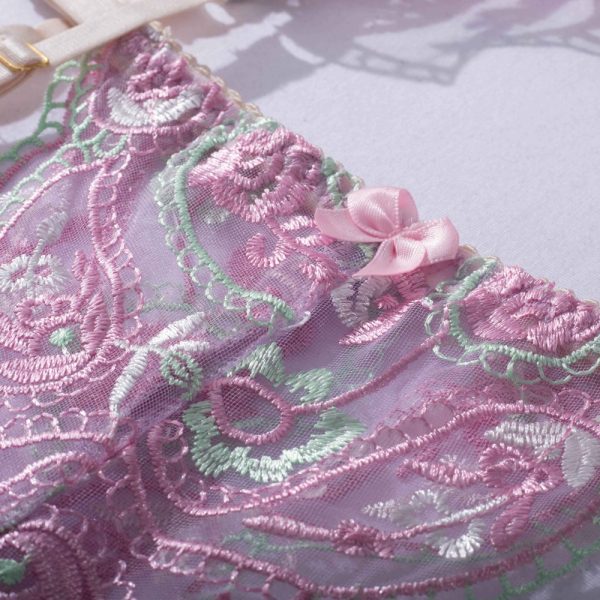 Pastel Purple Floral Embroidered Lace Suspender Intimates Set