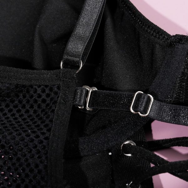 Faux Leather Mesh Lace-Up Corset Intimates Set