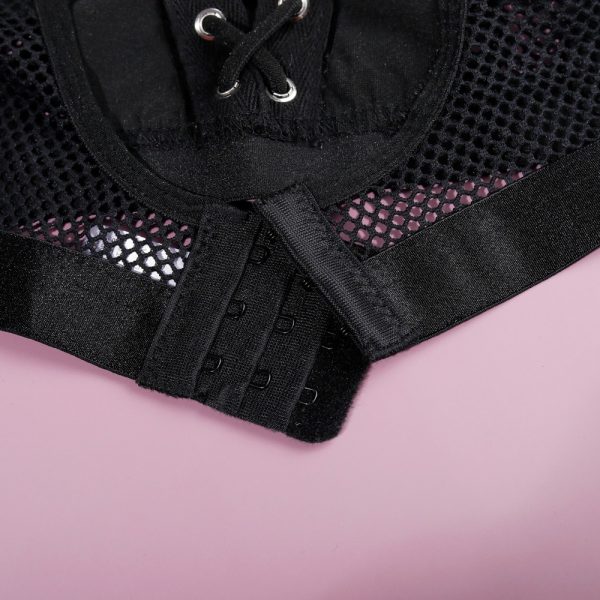 Faux Leather Mesh Lace-Up Corset Intimates Set