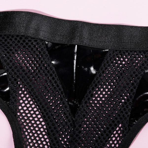 Faux Leather Mesh Lace-Up Corset Intimates Set