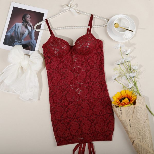 Floral Lace Back Lace-Up Adjustable Strap Mini Sleep Dress