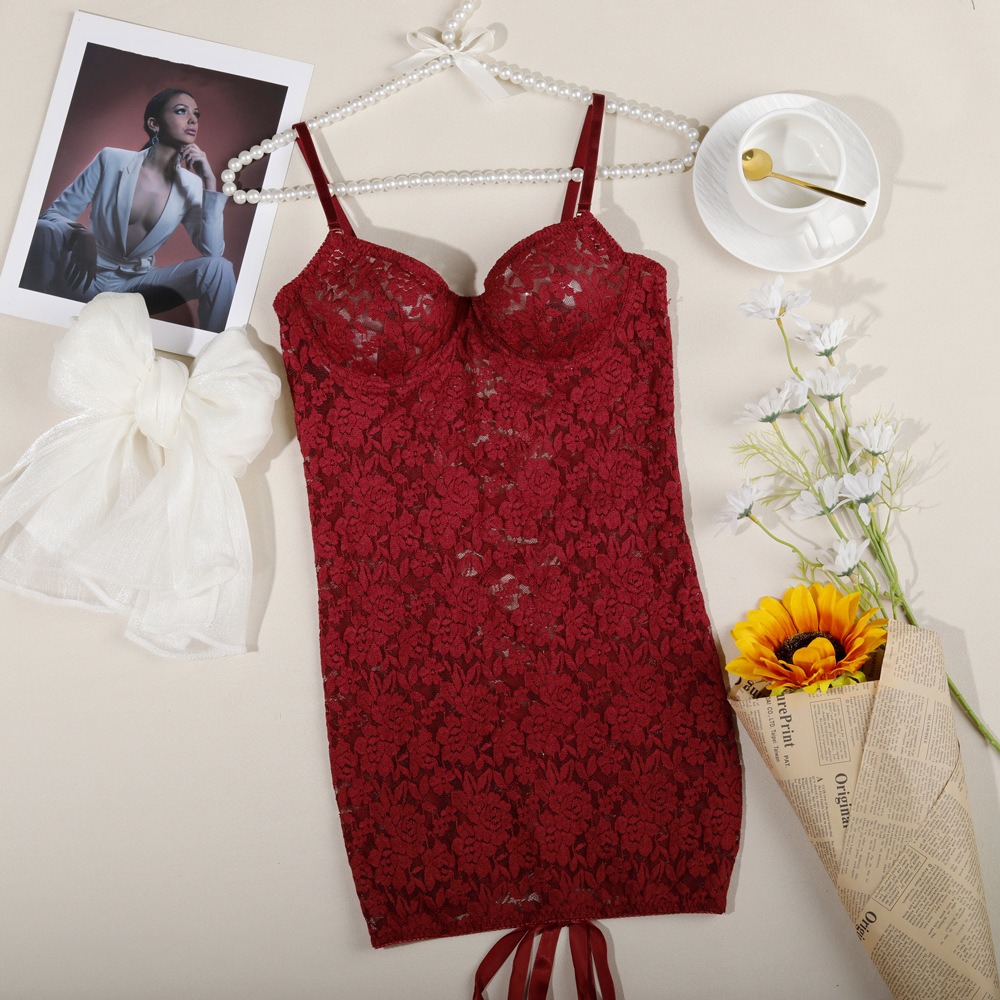 Floral Lace Back Lace-Up Adjustable Strap Mini Sleep Dress - Image 5